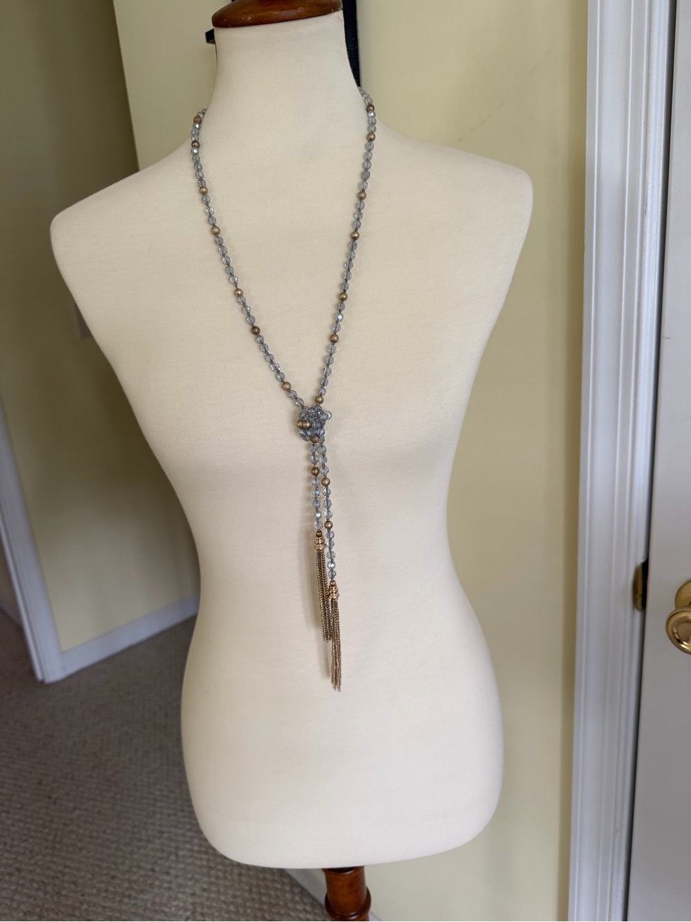 Gold and Gray Beaded Tassel Lariat Necklace